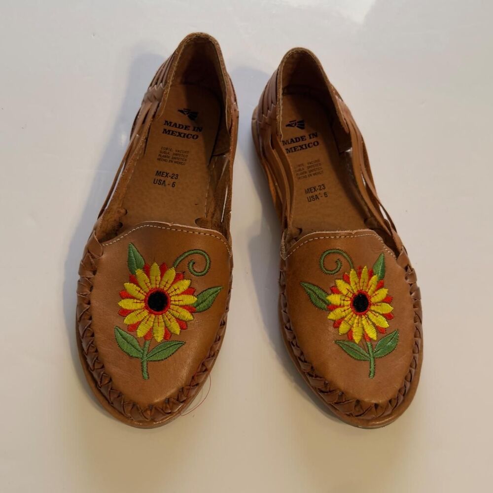 Authentic Mexican Leather Huarache Sandals with Sunflower Embroidery